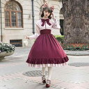 ドレス ワンピース ロリータ リボン フレア フリル ウエストマーク カラーマッチング 長袖 衣装 エレガント フェミニン シフォン ロマンティック