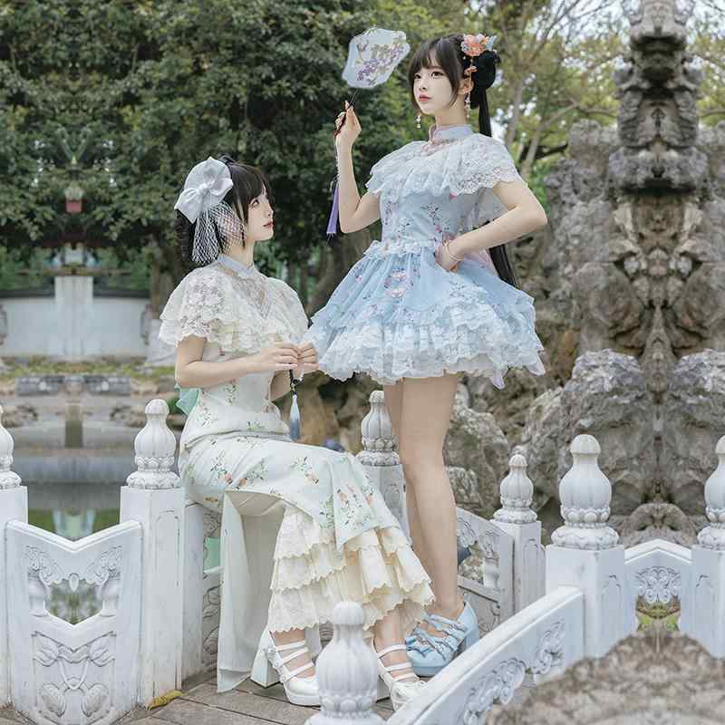 ワンピース チャイナドレス チャイナ風 レース フリル リボン 半袖 付け袖 パンツ ツインスタイル モダン スタイリッシュ エレガント フェミニン