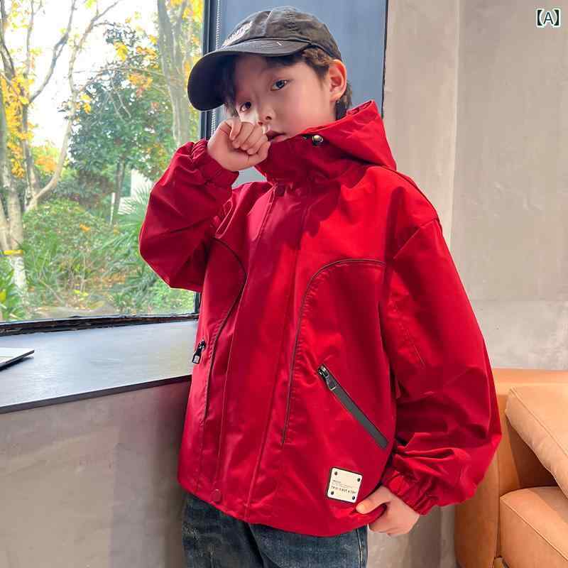 男の子 ボーイズファッション 中高学年 赤 ジャケット アウターウェア 子供用 春秋 スタイル フード付き アウトドア カジュアル 普段使い レジャー スポーツ 通気性