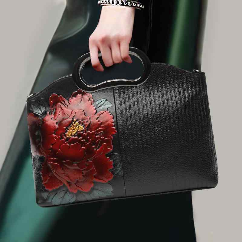 ハンドバッグ 高級感 牛革 牡丹 クロスボディ 上品 ギフト 社交界 チャイナ パーティー 大容量 マザーバッグ 記念日 個性的