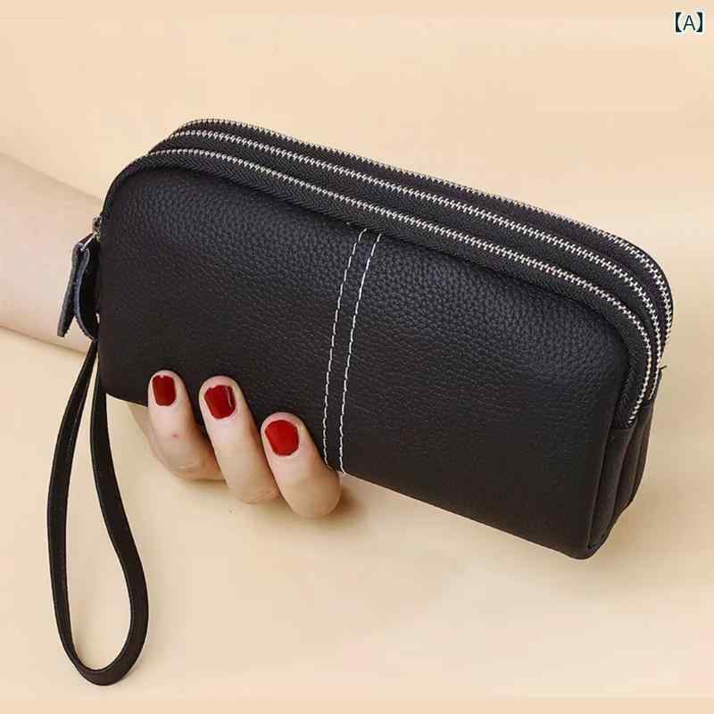 ポーチ ミニバッグ クラッチ ラウンドファスナー 柔らかい 革 大容量 収納 女性用 小銭 小物入れ 三層 ..