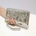 長財布 ゴールド 花柄 レディース ラウンド ロング ジッパー 革 韓国 エレガント エンボス加工 華やか