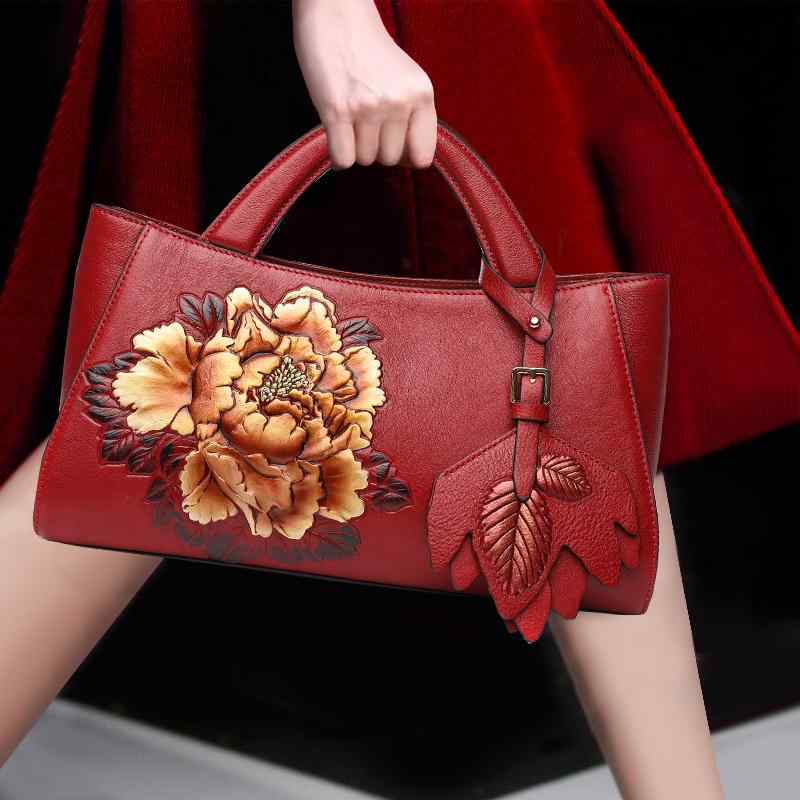 ハンドバッグ パーティー 高級感 牛革 おしゃれ 華やか 大容量 マザーバッグ エスニック 牡丹 花 ファッショ チャイナ風 バッグ 用 レディースバッグ 上品(4)