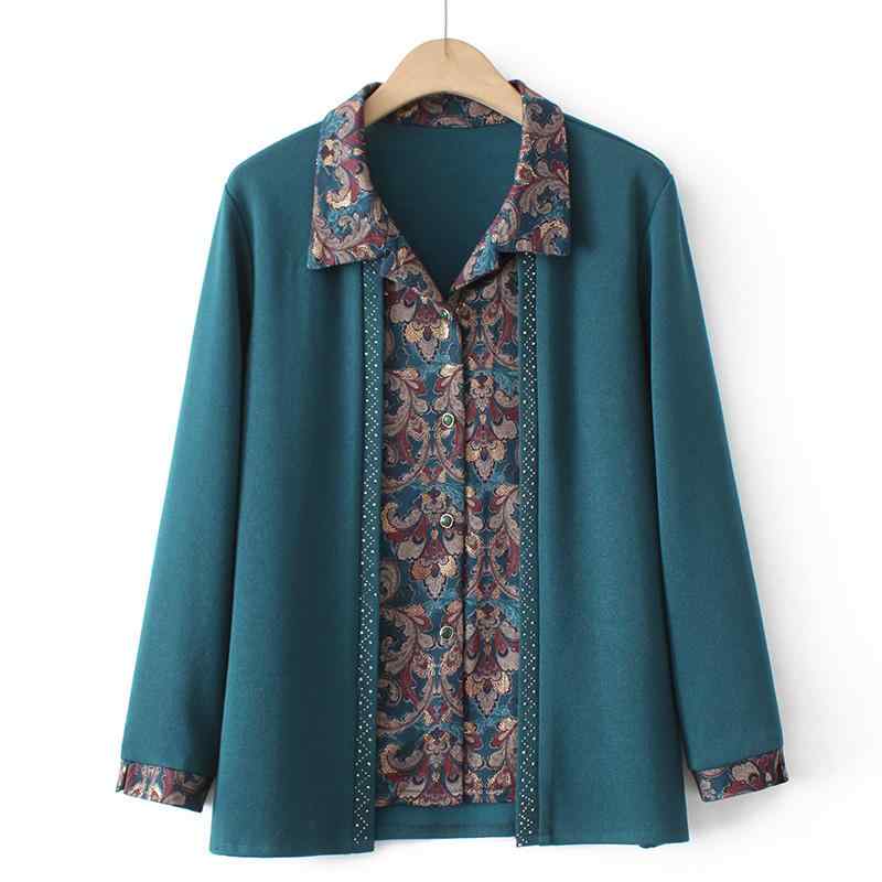 レディース トップス 春秋 おばあちゃん ニット お母さん カーディガン シャツ 重ね着風 ポロ襟 ゆったり シングルプレイス フェイクレイヤード 長袖 カジュアル(4)