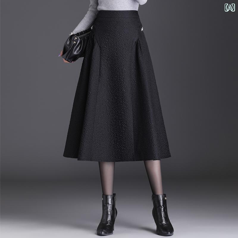 スカート レディース 春秋 ラインストーン ステッチ フレア Aライン ミモレ丈 アンブレラ ハイウエスト ジャカード エレガント クラシック シンプル