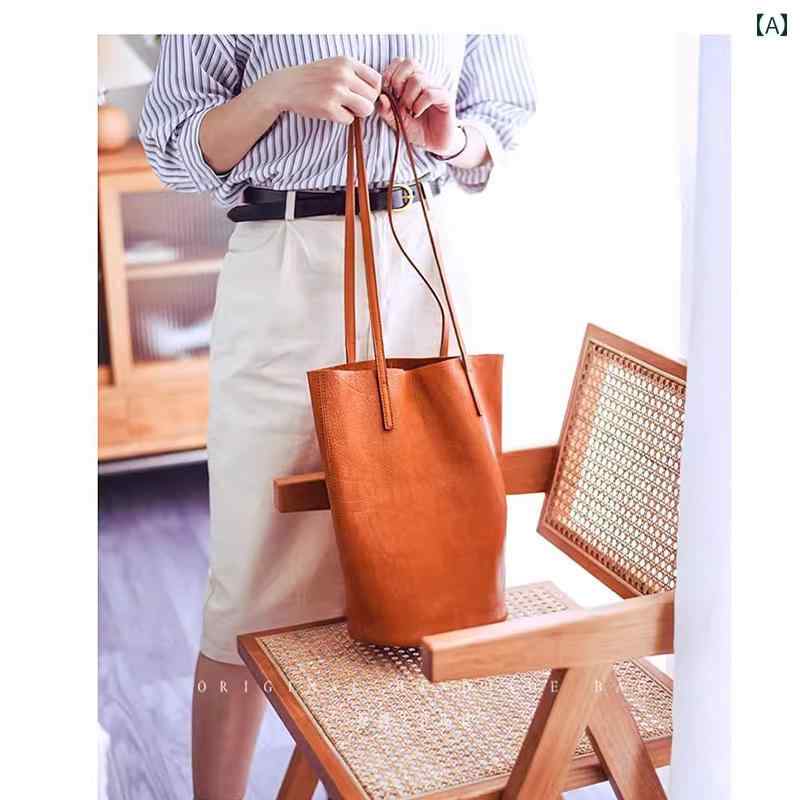 バッグ レザー カジュアル 普段使い レトロ 第一層 植物 タンニン めし 牛革 バケット ソフト 革 芸術的 トート ワンショルダー ユニーク レディース