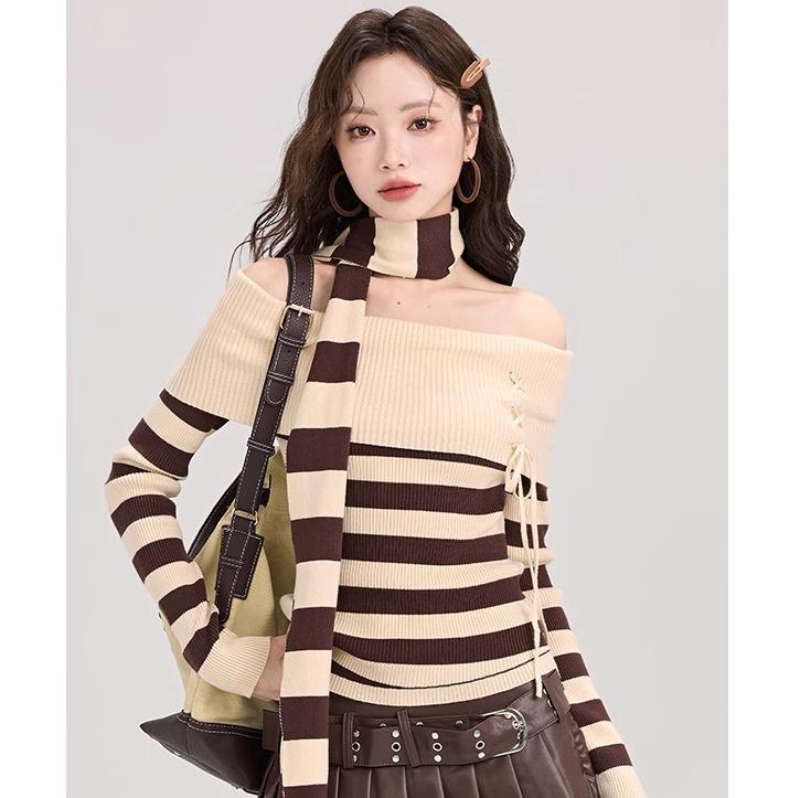 セーター カジュアル 女性用 トップス ワンショルダー ストライプ レイヤード 秋冬 長袖 ボトムス スカート(4)