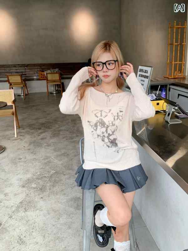 セーター プルオーバー バタフライ プリント 薄手 長袖 バレンタイン ギフト カジュアル おしゃれ クール 万能コーデ トップス レディース ガールズ