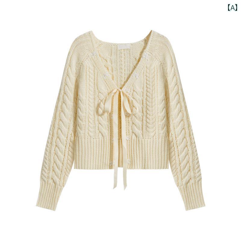 カーディガン ガールズ レディース ボウ セーター ニット セーター ジャケット オータム グレー Vネック トップス かわいい
