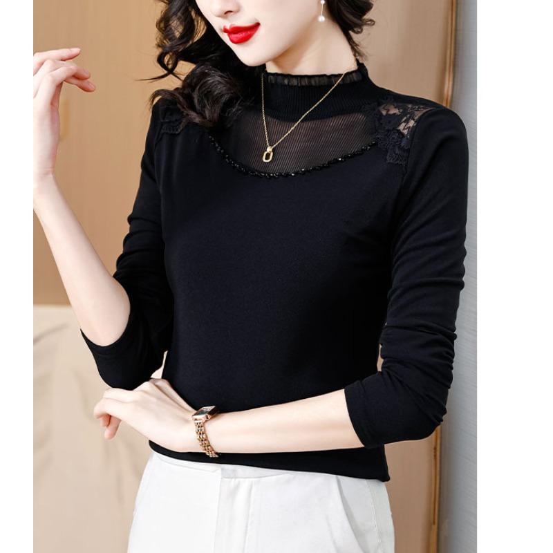 レディース トップス 秋冬 マザー 女性 カジュアル レース ベルベット メッシュ シャツ 裏起毛 長袖 タートルネック スタンドカラー プルオーバー 通勤 オフィス 厚手 暖かい 柔らかい スリム