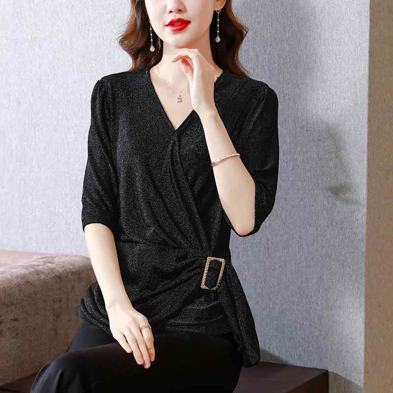 ブラウス セクシー トップス レディース 韓国 スリムフィット 夏 五分袖 Vネック ウエストベルト スタイリッシュ パーティー エレガント 高級感
