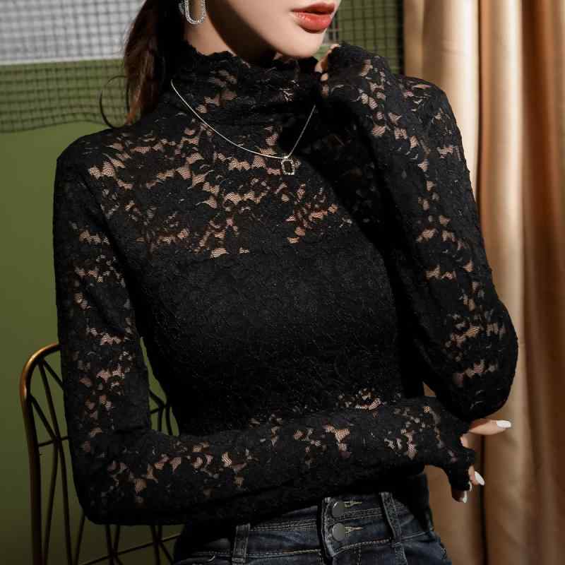 トップス 春秋 長袖 セクシー 大人かわいい デート 休日 ハーフタートルネック 黒 レース シャツ パーティー レディース 清楚感 スリムフィット 痩せ見え