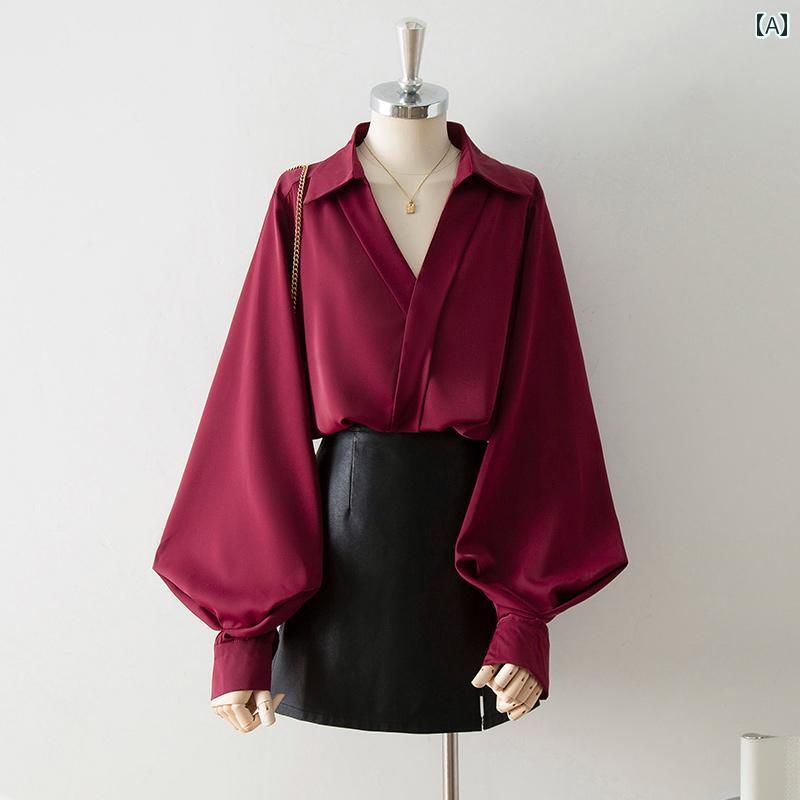 ブラウス レディース オフィス 通勤 アンカーレッド 長袖 Vネック フェミニン シャツ 女性 秋 スタイリ..