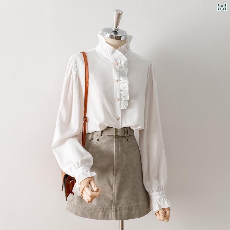 レディース トップス ブラウス 通勤 オフィス 普段使い フランス 宮廷 エッジ スタンドカラー 白 長袖 シャツ フリル 秋 ファッション シフォン