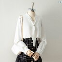 レディース トップス ブラウス OLスタイル 白 長袖 シフォンシャツ 秋 デザイン Vネック 通勤 オフィス シンプル クラシック 韓国