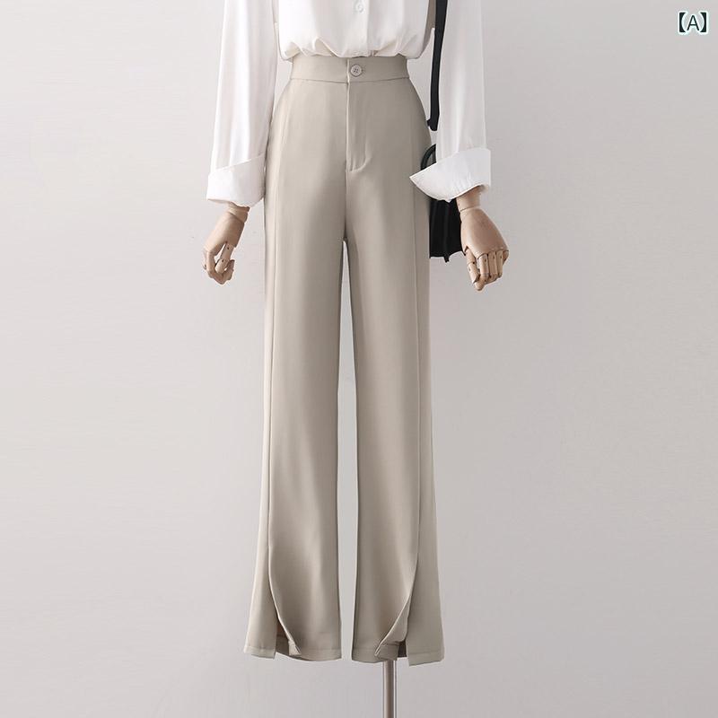 スラックス ドレープ アプリコット スリット わずかにフレア 高腰 ストレート パンツ レディース 夏 ハイウエスト スリム ボトムス