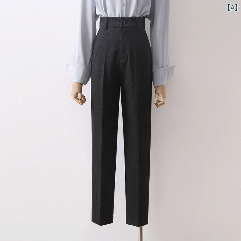 スラックス 通勤 グレー ウール パンツ レディース 秋冬 ハイウエスト OL フォーマル 九分丈 フィット シガレットパンツ