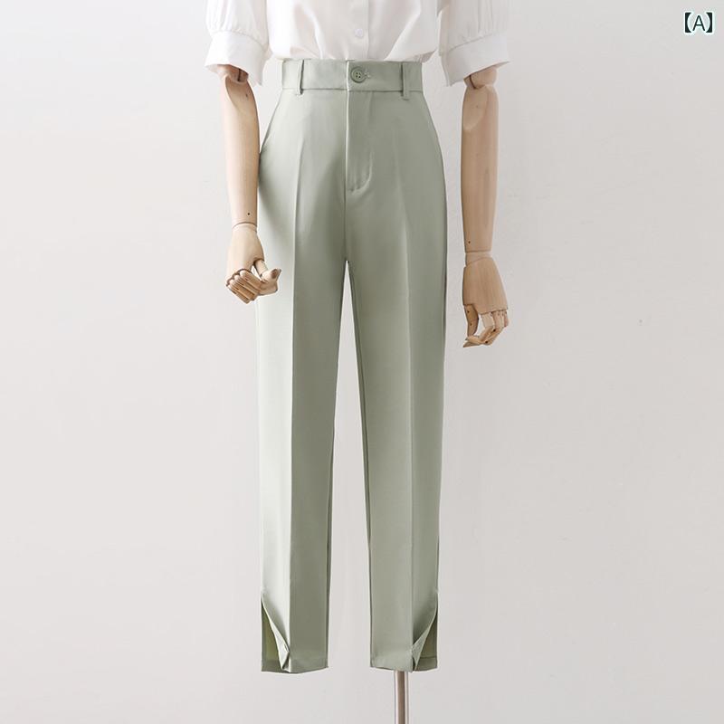 レディース ロングパンツ 九分丈 アンクル丈 薄緑 黒 薄手 夏 長ズボン ボトムス ハイウエスト クロップド スリット ストレート 多用途 リラクシング 機能的 スタイリッシュ オフィスカジュアル