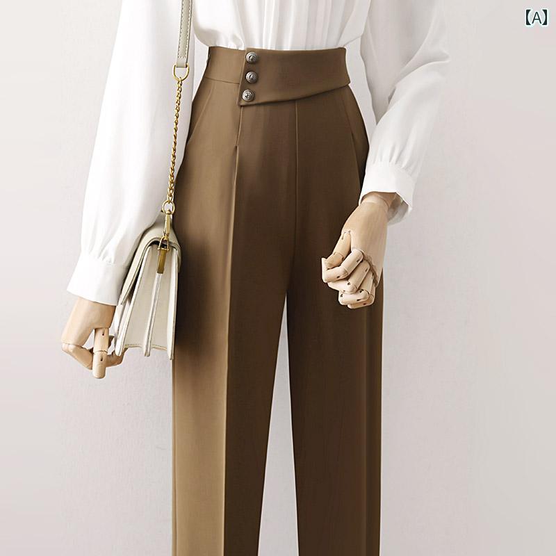 レディース ロングパンツ 九分丈 アンクル丈 春夏秋 長ズボン ボトムス 茶 黒 ハイウエスト ストレート クロップド おしゃれボタン ウエストデザイン エレガント モード オフィスカジュアル