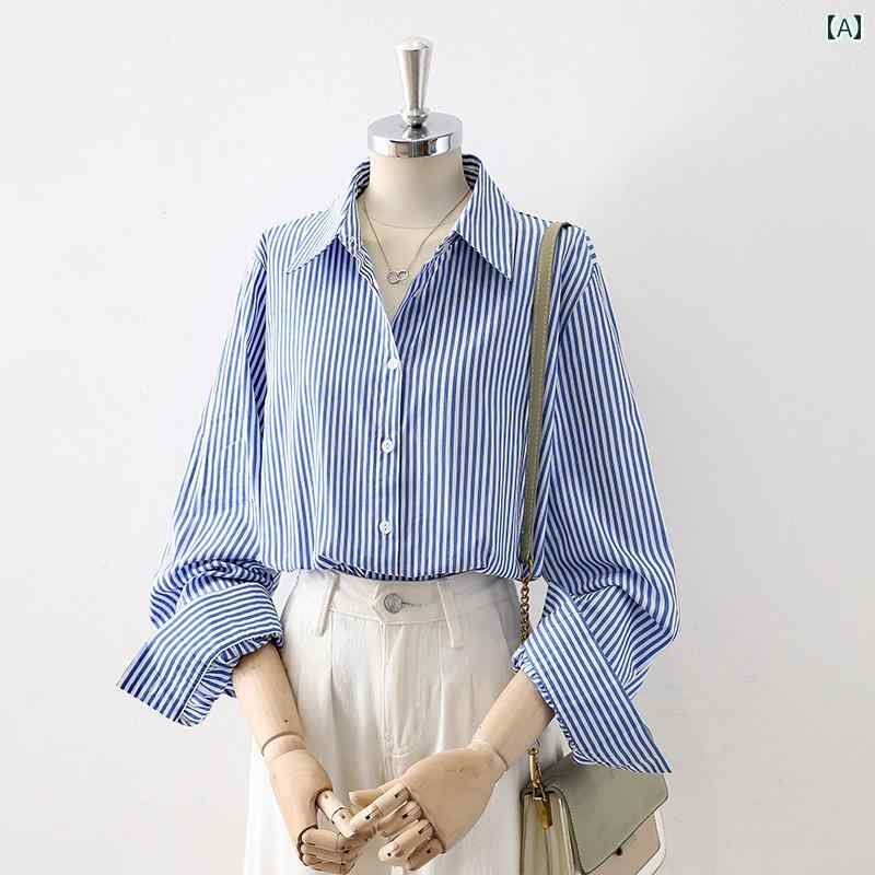 レディース シャツ ブラウストップス 長袖 春秋 ブルーのストライプ柄 シャツ襟 オーバーシャツ クラシック シンプル エレガント オフィス カジュアル リラクシング スタイリッシュ