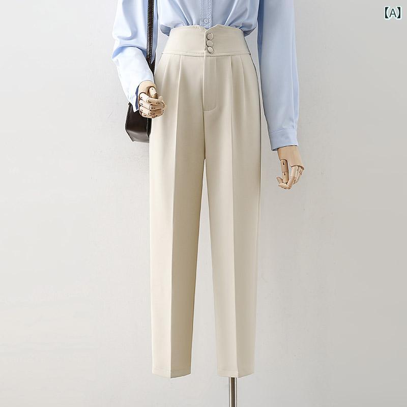 レディース ロングパンツ 九分丈 アンクル丈 長ズボン ボトムス ハイウエスト 春秋 シガレットパンツ ボタン装飾 エレガント スリムフィット ミニマル スタイリッシュ オフィス フォーマル