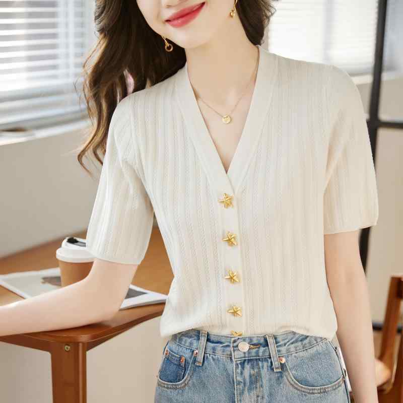 レディース トップス シャツ ブラウス T おしゃれ ヒトデボタン サマー 薄手 Vネック 半袖 夏 おしゃれ アウトドア ファッション 韓国 女性