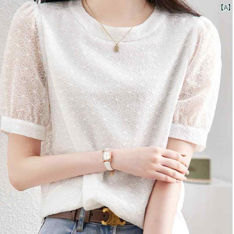 ブラウス 夏 半袖 シャツ レディース フレンチ トップス 透け感 ラウンドネック レース フェミニン おしゃれ かわいい デート ファッション 花柄のサムネイル