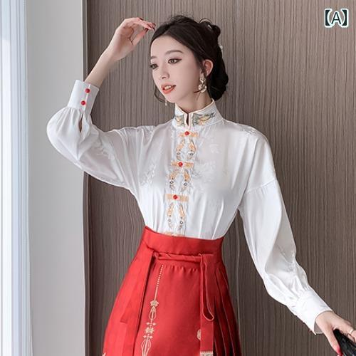 レディース 春 漢服 チャイナ風 プリーツ ロングスカート トップス レトロ 刺繍入りシャツ 伝統衣装 小柄向け レースアップ 婦人服 上品