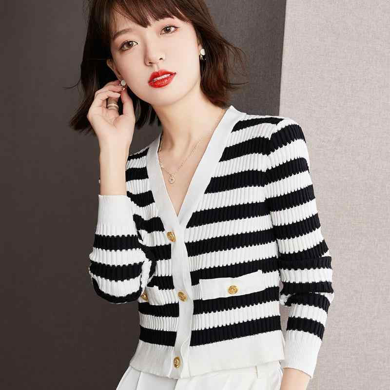 カーディガン Vネック ニット ストライプ ゆったり 長袖 カジュアル シンプル 上品 通勤 通学 ホームウェア レディース マザー 婦人服 ファッション