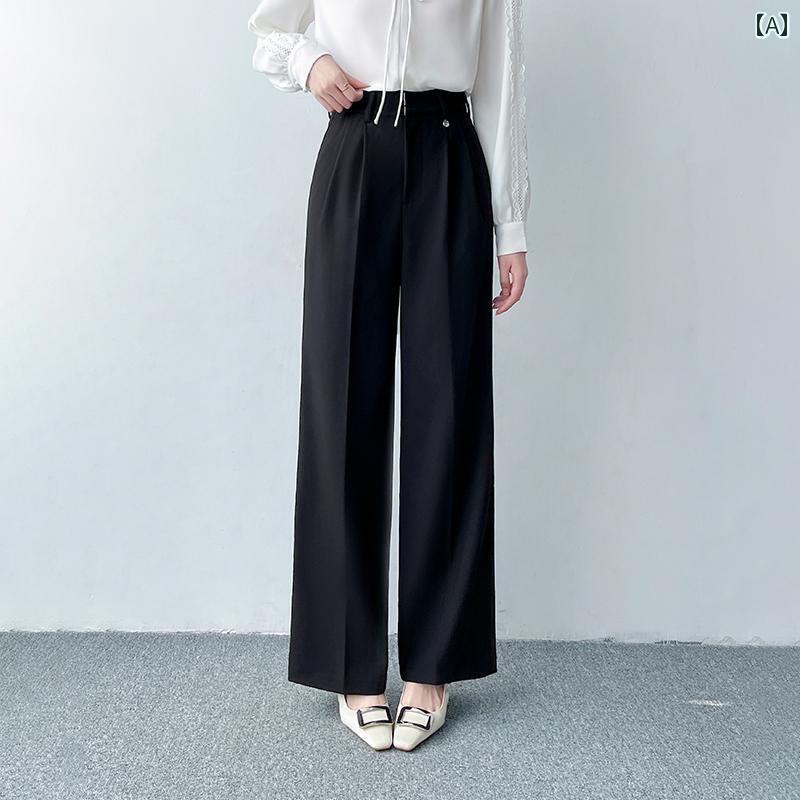 レディース ロングパンツ 長ズボン ボトムス ハイウエスト 春秋 黒 グレー ベージュ ワイドレッグ ドレープ エレガント シンプル モダン トレンド クラシカル 美脚効果 スリムフィット