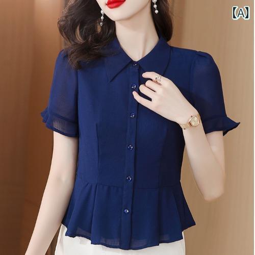 ブラウス シャツ トップス レディース シンプル OLスタイル 大人 スリムフィット ベルスリーブ 夏 半袖 ポロ襟 シングルブレスト 通気性 透け感 サマー