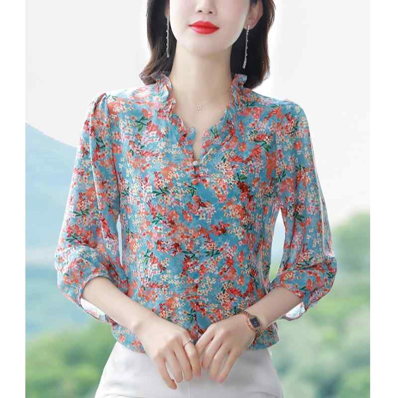 シフォンシャツ 花柄ブラウス プリントシャツ 大きいサイズ 七分袖 夏 フェミニン エレガント 上品 トップス きれいめ オフィス ビジネス 学校行事 万能コーデ レディース マザー 婦人服