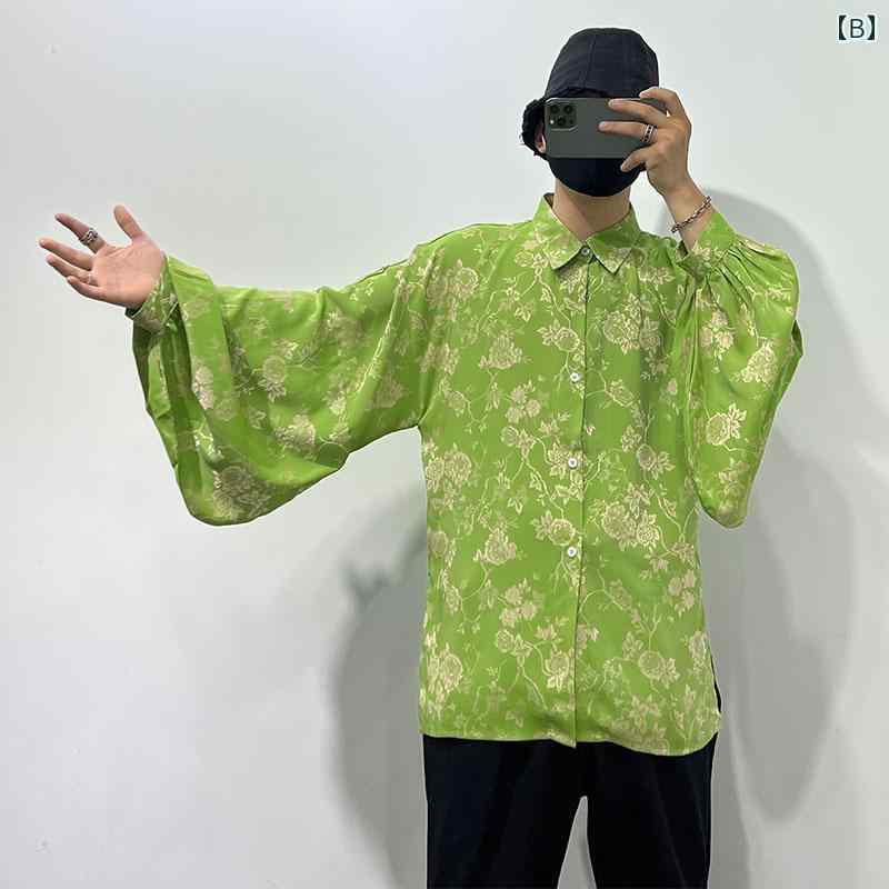 メンズ シャツ カジュアル トップス ファッション ダークスタイル ファッション ジャカード 大きい袖口 レトロ プリント ストリート スタイリッシュ モード 個性的 洗練