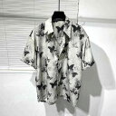 半袖シャツ バタフライ プリント ゆったり ドレープ 薄手 シャツ メンズ レディース ファッション ユニセックス レトロ ダメージ加工 ノンアイロン トップス...