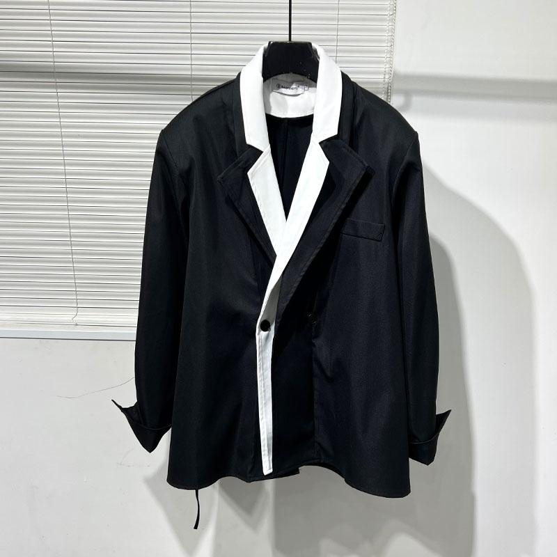 長袖シャツ ゆったり 秋 ダークスタイル フェイクツーピース シャツジャケット トップス メンズ ファッション スタイリッシュ モード ストリート ユニーク デザイン カジュアル 重ね着風 ゴシック