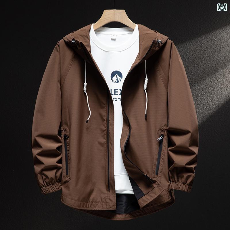 ウインドブレーカー ジャケット メンズ 薄手 春秋 アウトドア スポーツ 登山 キャンプ 防風 防水 フード付き ブラウン 男性