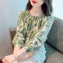 レディース トップス ブラウス 秋 女性 韓国 カジュアル ワンショルダー プリント シフォン シャツ 長袖 ワンワードカラー プルオーバー 通勤 オフィス 薄手 軽量 柔らかい
