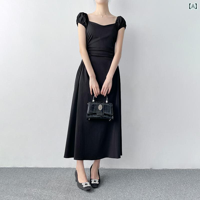 レディース ワンピース サマードレス 夏 半袖 短袖 パフスリーブ ロング丈 マキシ丈 Aライン ドレープ 黒 滑らかなスクエアネック ウエストギャザーシェイプ スリム モダン シンプル フェミニン