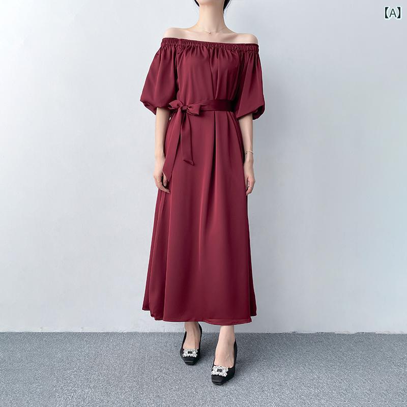レディース ワンピース ドレス オフショルダー 夏 半袖 ロングスカート マキシ丈 Aライン サテン風ドレープ リボンベルト付 ワインレッド 黒灰 薄ベージュ エレガント ボヘミアン ドレッシー 優雅