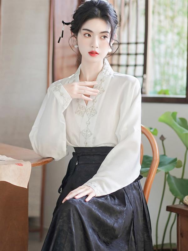 ツーピース セットアップ トップス スカート アンティーククロス ネック スリーブ シャツ 長袖 Vネック 中国風 シャツ 女性