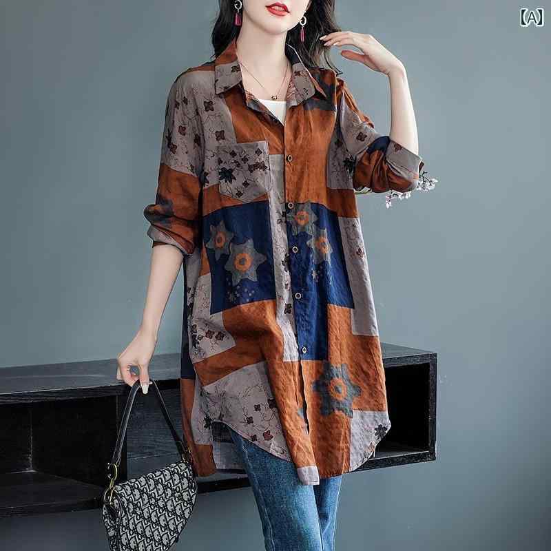 レディース ポロ襟 リネン コットン シャツ 女性 春秋 ゆったり カジュアル 韓国 ミドル丈 トップ ブルゾン プリント ミディアム 長袖 シンプル おしゃれ