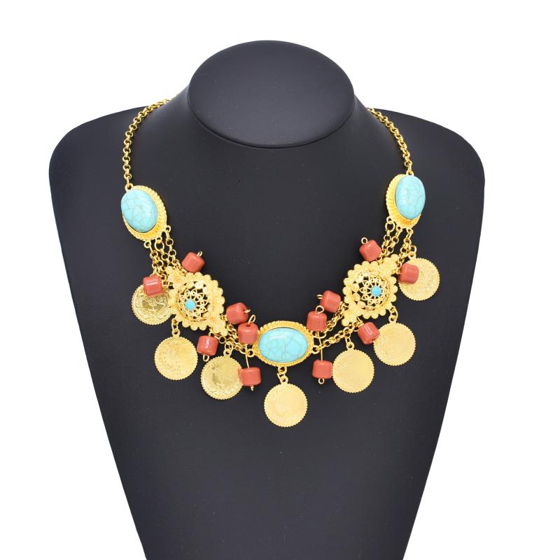 アメリカ レトロ 誇張 ゴールド ネックレス コイン ターコイズペンダント 鎖骨 チェーン 高級感 エキゾチック エスニック アクセサリー