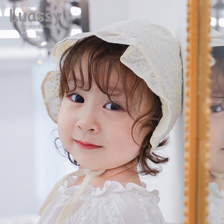 ボンネット帽 ベビー 帽子 夏 薄手 新生児 春夏 かわいい 女 赤ちゃん プリンセス フード コットン 韓国 ストライプ 花 刺繍 つば広 シンプル クリーム色