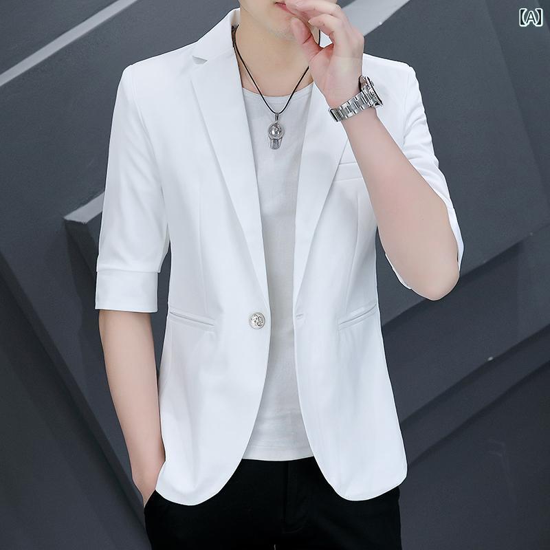 メンズ ファッション 夏 七分袖 カジュアル 韓国 スリム ミッドスリーブ シングル トップス スーツジャケット 韓国ファッション