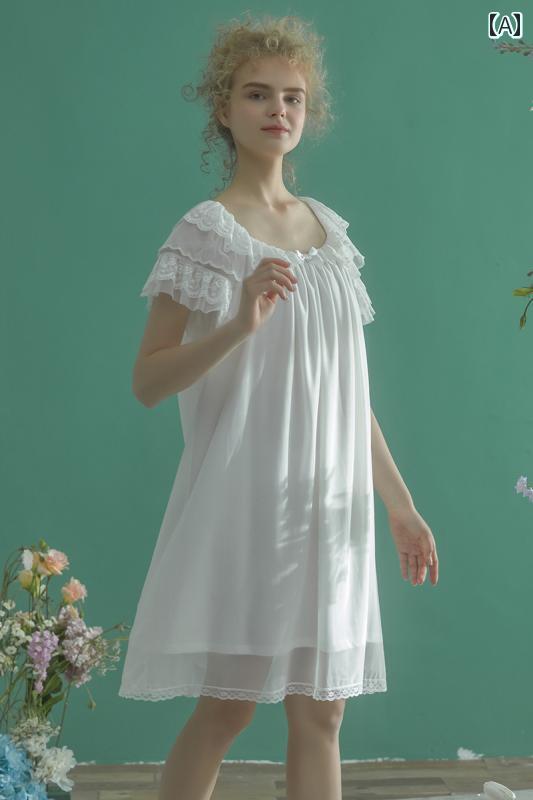 ネグリジェ パジャマ 宮殿風 レディース 半袖 フリル シフォン ワンピース ガウン ドレス ローブ ガーリー 透け感 フレンチレース 上品 ゆるかわ ルーム ナイト ホームウェア お家 デート お泊り マタニティ リラックス 入院 女子会 映え