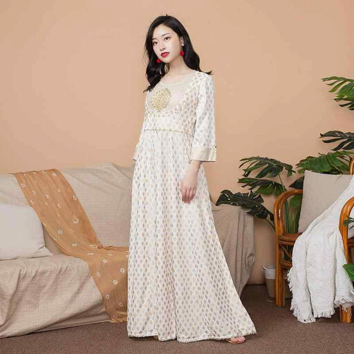 インド 伝統的 服 レディース エスニック ドレス 綿 プリント 春夏 ベージュ 薄手 ラウンドネック ハイウエスト ロング 七分袖 プルオーバー エレガント インド 伝統的 服 レディース エスニック ドレス 綿 プリント 春夏 ベージュ 薄手 ラウンドネック ハイウエスト ロング 七分袖 プルオーバー エレガント