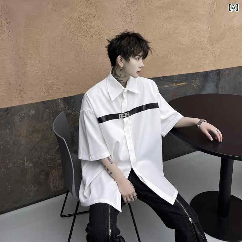 シャツ メンズ ゆったり おしゃれ 半袖シャツ カジュアル 感 メタルバックルシャツ トップス ホワイト ブラック ゆったり