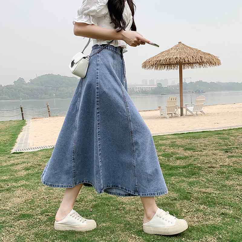 デニムスカート レディース Aライン ハイウエスト スリム ミドル丈 夏 レトロ ゴムウエスト 薄手 アンブレラスカート カジュアル 大きいサイズ ブルー
