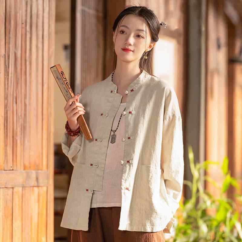 レディース 僧 院 信徒 服 女性 レトロ 立ち襟 糸巻き ボタン トップ カーディガン 仏教 禅 風 女性 ジ..