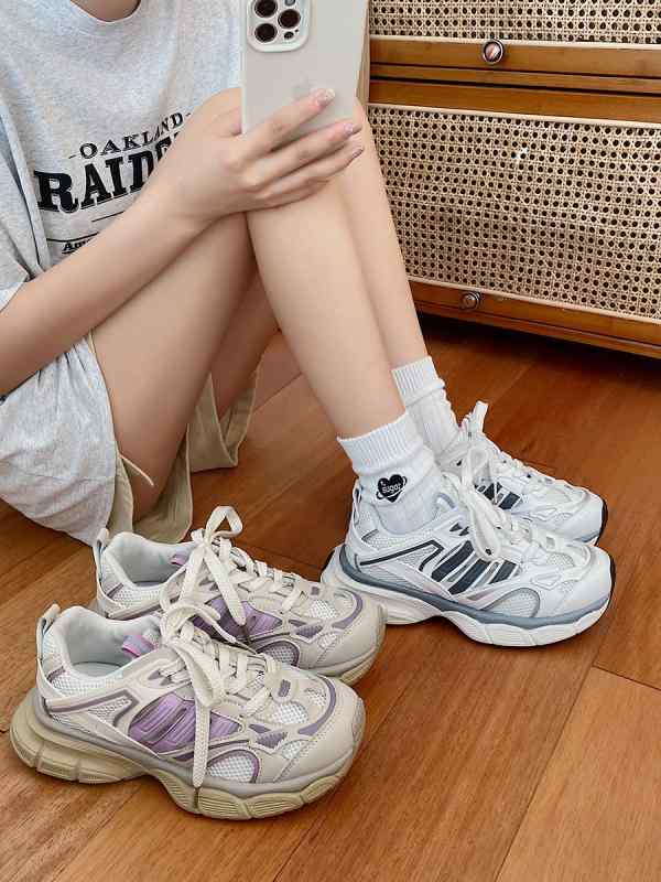 レディース シューズ 万能 厚底 ダッド シューズ 秋 レトロ 通気性 メッシュ 軽量 スポーツシューズ レースアップ ミディアムヒール PU